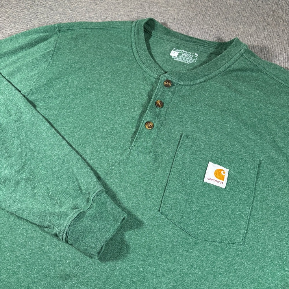 Carhartt Henley Shirt Mens Large Green Long Sleeve Loose Fit Pocket K128 G55
